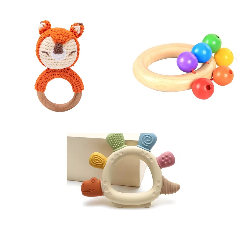 Coffret cadeau naissance Montessori hochet crochet, hochet de perles et anneau de dentition